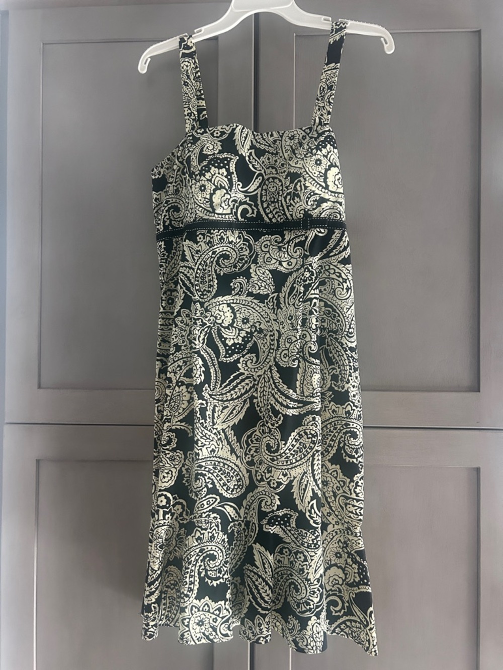 Black and Cream Paisley Midi Dress with Square Neck